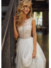 Beaded Light Grey Lace Tulle Deep V Back Wedding Dress